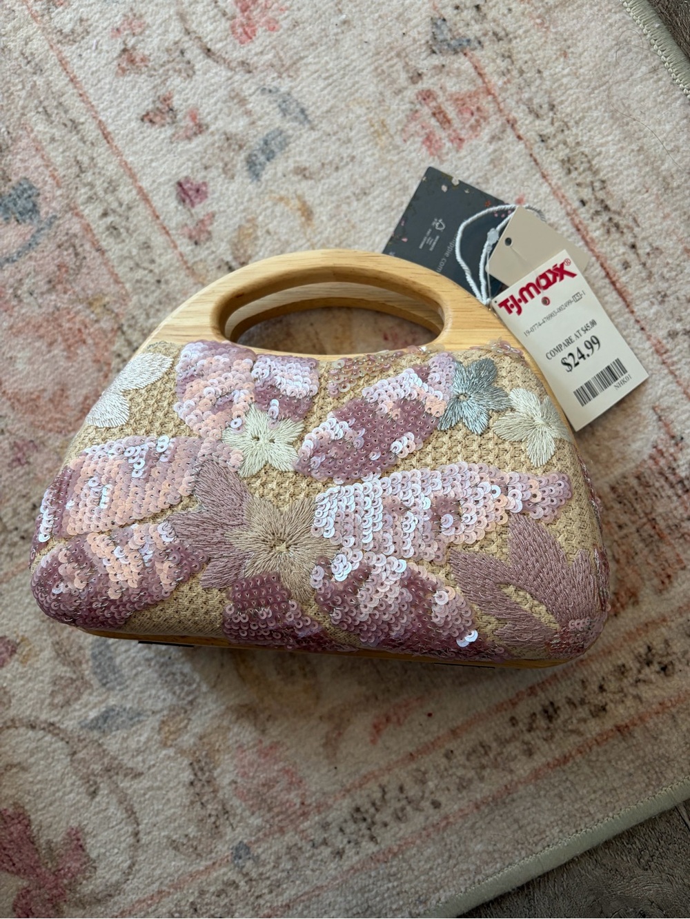 Haute Hippie Pink and Gold Sequin Floral Clutch with Wooden Handle